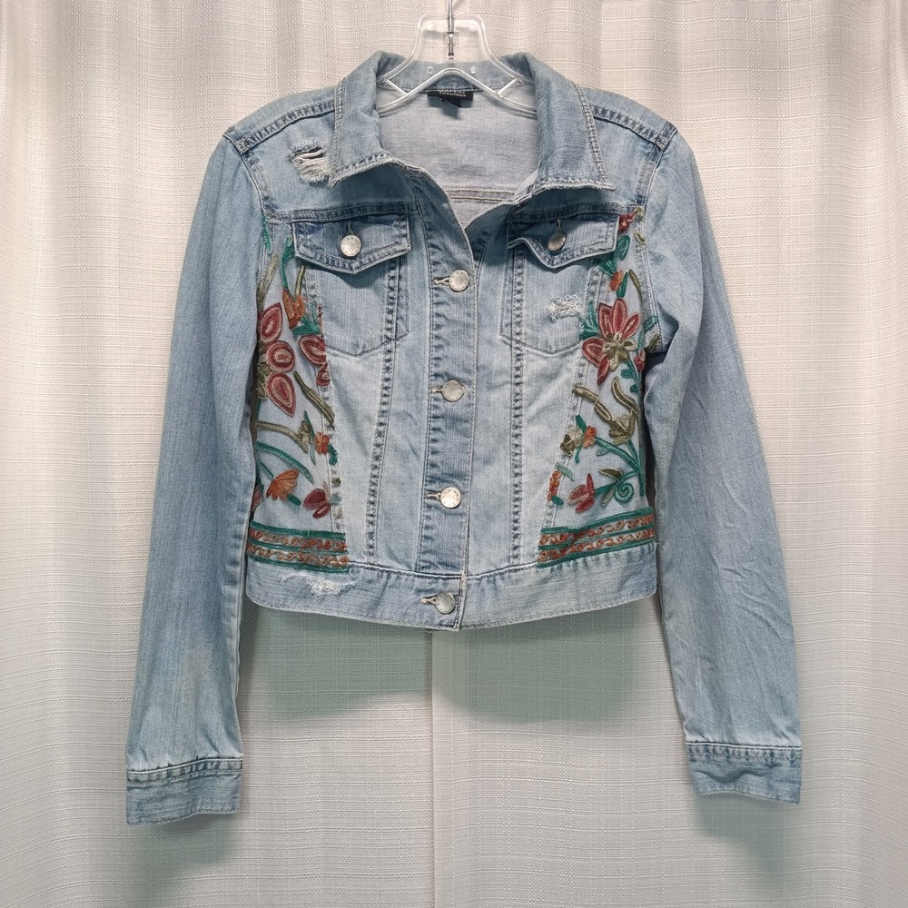 ANA Womens S Floral Mesh Embroidered Denim Jacket Light Wash Boho Distressed